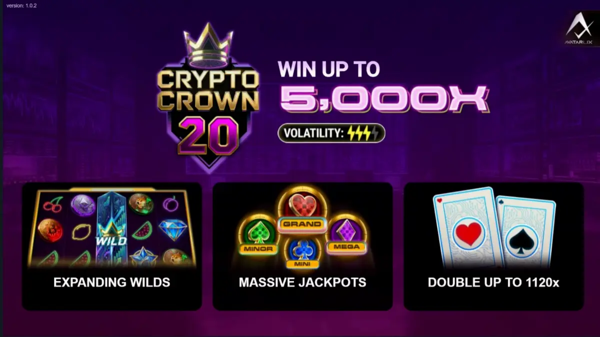 Tampilan layar permainan slot Crypto Crown 20 dengan simbol kripto dan neon