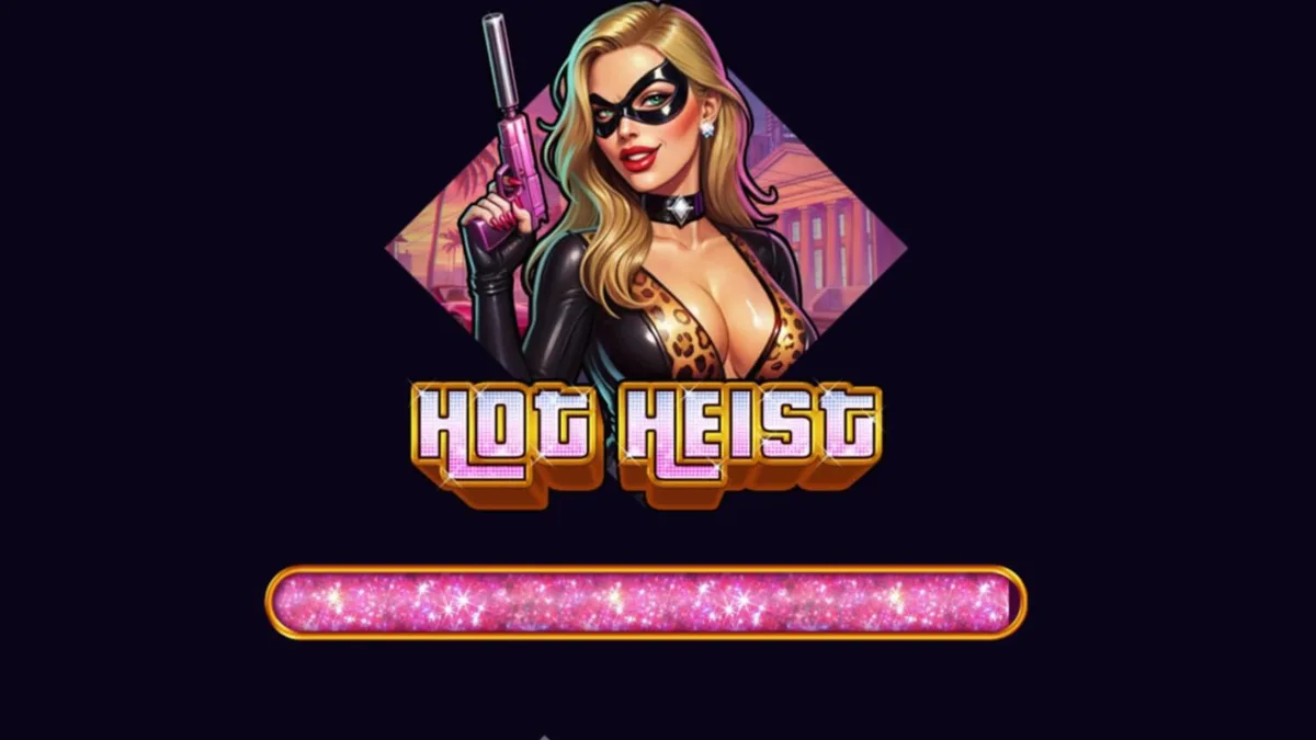 Tampilan visual neon dan simbol kriminal pada slot Hot Heist