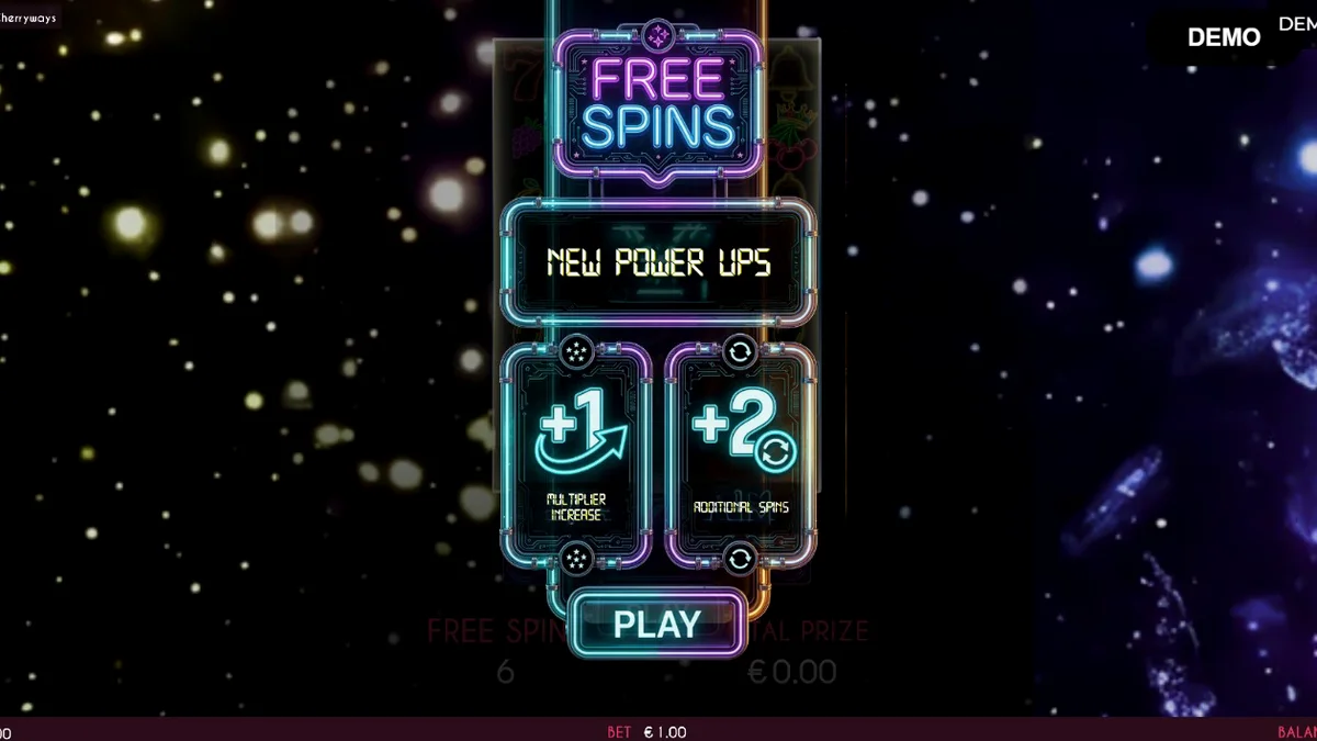 Tampilan visual neon cyberpunk dari slot Turbo Fortune Cherryways