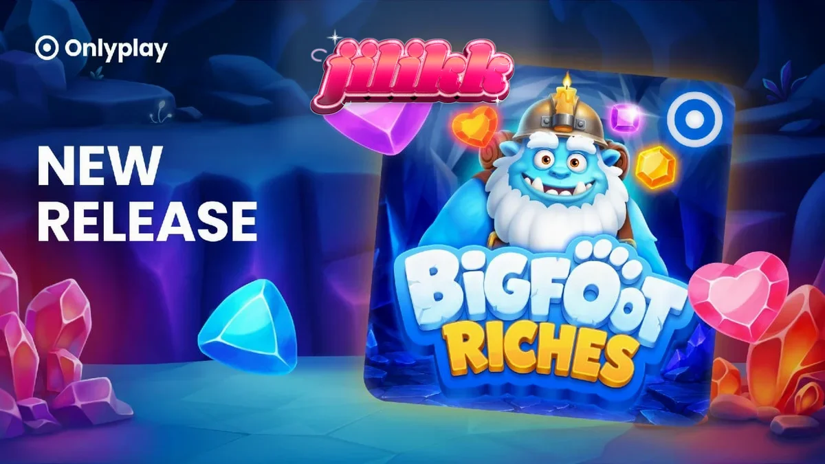 Pemandangan musim dingin yang memukau dalam slot Bigfoot Riches dengan elemen kristal dan jejak kaki legendaris.